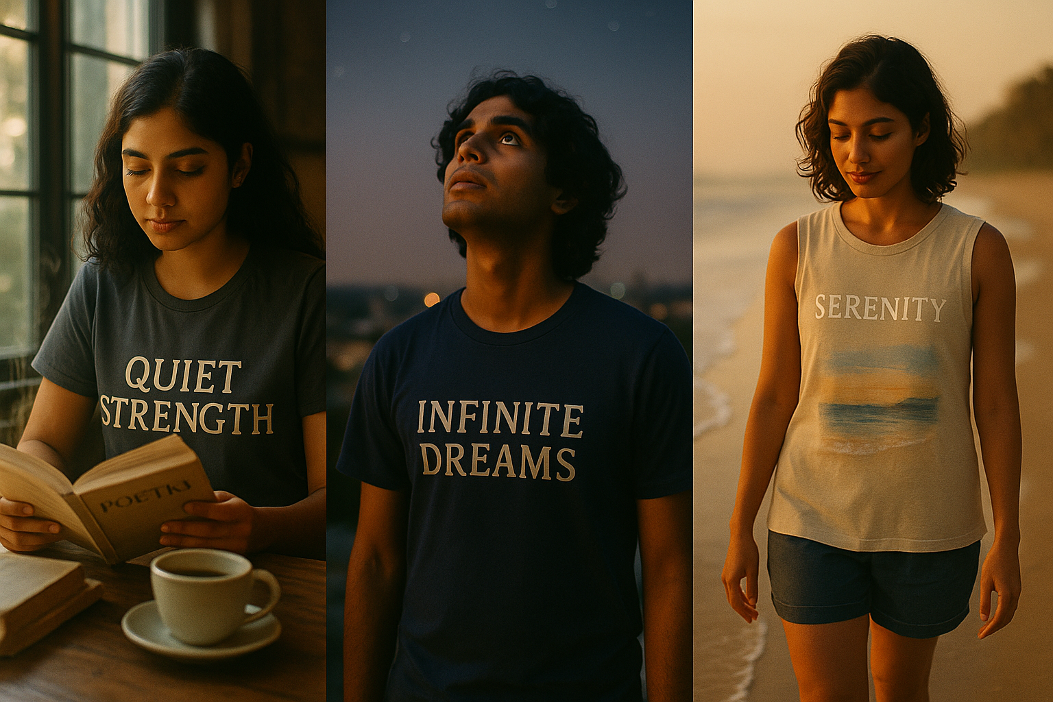 Artistic lifestyle montage showing 3 different Indian people in contemplative moments - one reading poetry wearing a "quiet strength" tee in a cafe, another stargazing in an "infinite dreams" t-shirt, another in a sleveless "serenity" tee with painted beach on the tee romaing on the beach- shot like indie film frames, natural, authentic emotions, diverse representation, connected through an emotional thread, cinematic colour grading, authentic human moments
