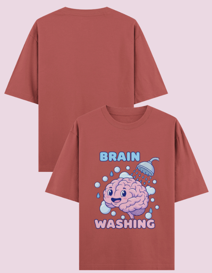 Brain washing premium oversized t-shirt with cute brain in shower design for mental health humor in coral