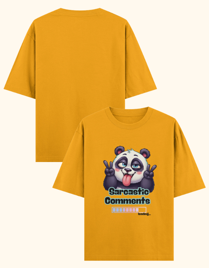 Sarcastic panda premium oversized t-shirt with peace sign and tongue out design for witty humor in golden yellow