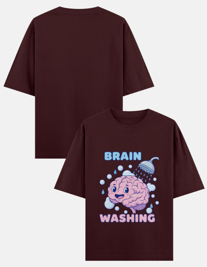 Brain washing premium oversized t-shirt with cute brain in shower design for mental health humor in maroon