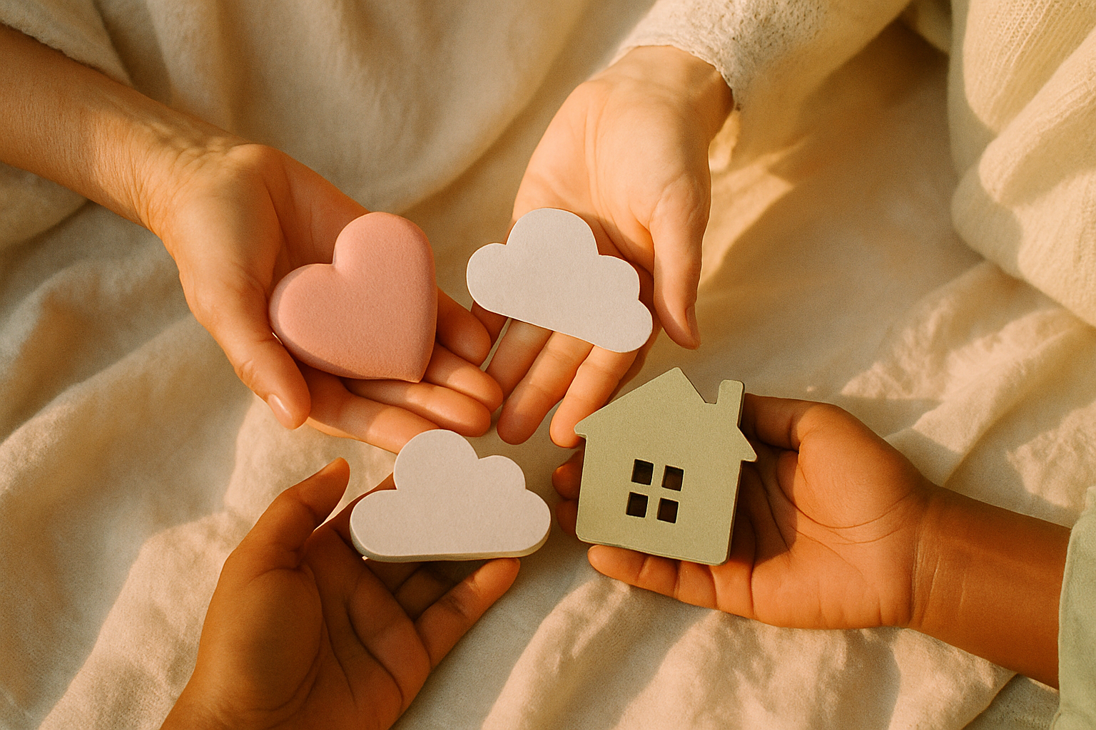 Diverse group of hands holding different emotional symbols - a heart, a dream cloud, a home icon, warm natural lighting, cotton textures and fabric in background, inclusive representation, authentic candid moment, soft pastel color palette matching brand colors, film photography aesthetic